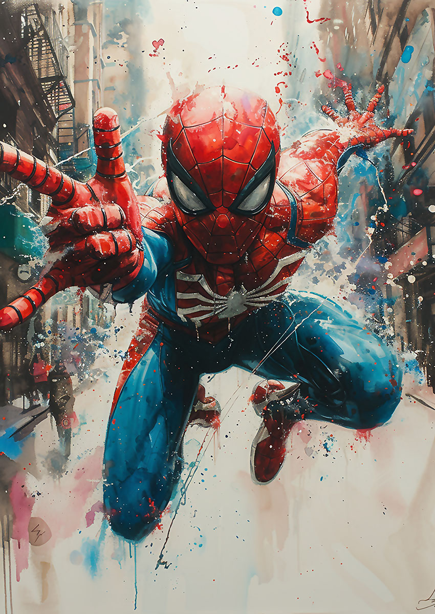 Dynamic artwork of Spider-Man in an urban environment, reaching out in action.